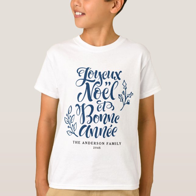 Navy Blue Joyeux Noël und Bonne Année Weihnachten T-Shirt (Vorderseite)