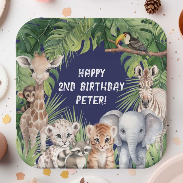 Navy Blue Jungle Animal Themed Safari 2. Geburtsta Pappteller (Navy Blue Two Wild Boy 2nd Birthday party paper plates, Safari Themed Jungle animals birthday plate.)