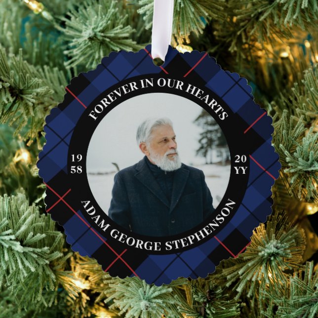 Navy Blue Kariert für immer in unserem Herz-Foto Ornament Karte (Insitu (Baum))