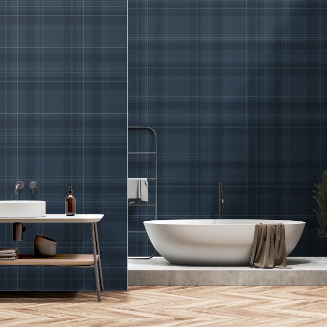Navy Blue Kariert Modernes Bauernhaus Tartan für R Tapete (Badezimmer)
