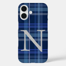 Navy Blue Kariert Tartan Niedlich Retro Monogram