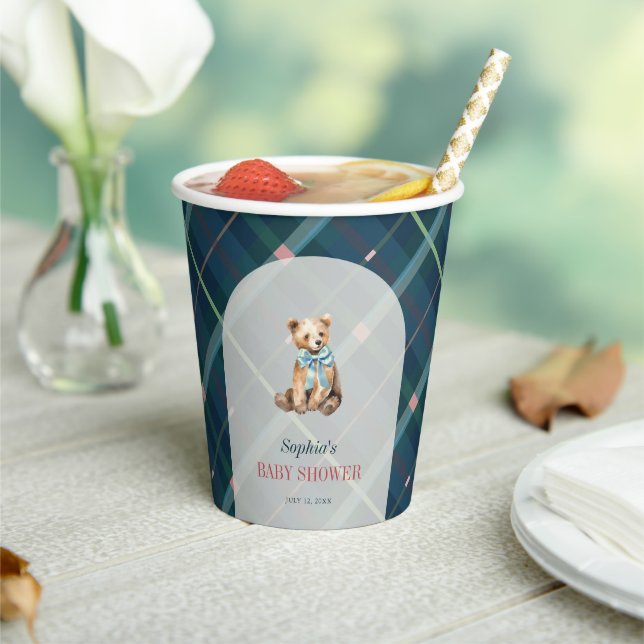 Navy Blue Kariert Teddy Bear Baby Dusche Pappbecher (In Situ)