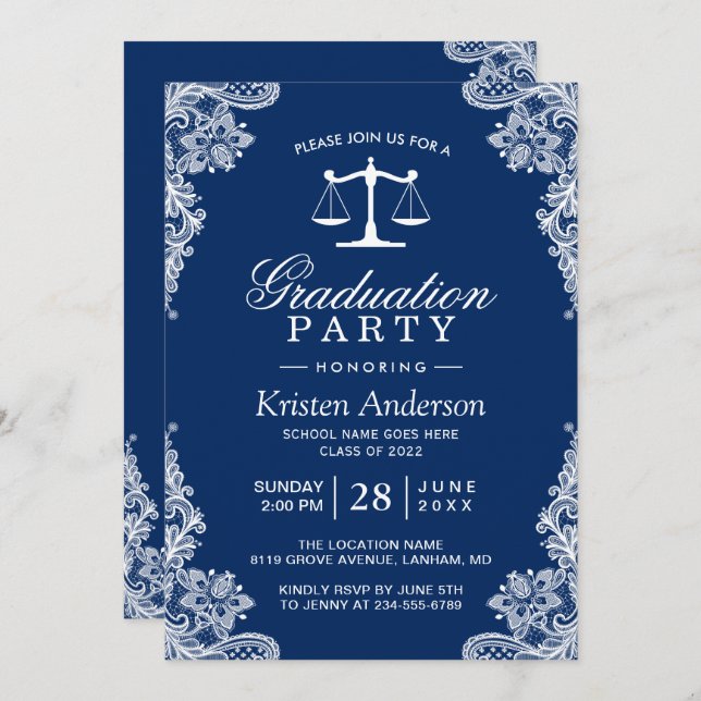 Navy Blue Lace Law School Abschluss Foto Einladung (Vorne/Hinten)