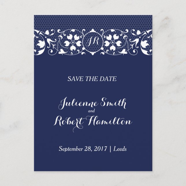 Navy Blue Lace Monogram Save the Date Postcard Ankündigungspostkarte (Vorderseite)