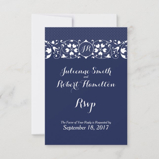 Navy Blue Lace Monogram Wedding RSVP (Vorderseite)