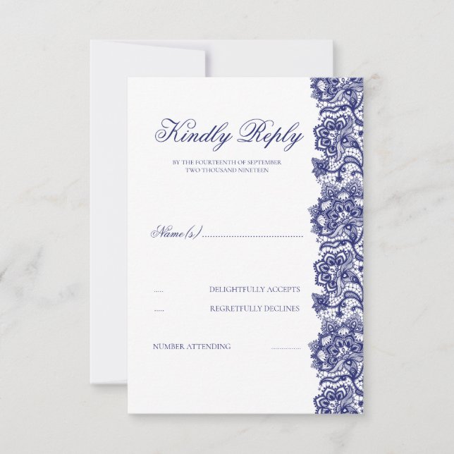 Navy Blue Lace Wedding RSVP (Vorderseite)