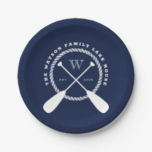Navy Blue Lake House Monogram Crossed Paddles Pappteller