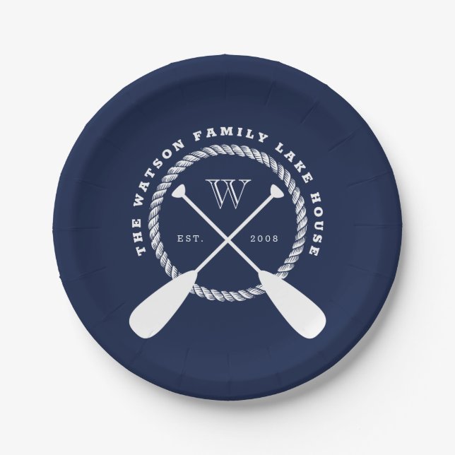 Navy Blue Lake House Monogram Crossed Paddles Pappteller (Vorderseite)