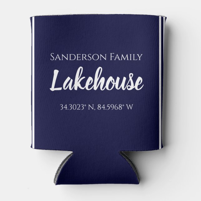 Navy Blue Lakehouse Familienname Karte Korinate Dosenkühler (Vorderseite)