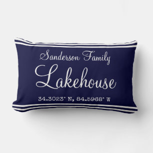 Navy Blue Lakehouse Familienname Map Corinates Lum Lendenkissen