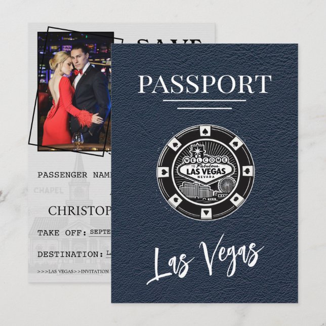 Navy Blue Las Vegas Passport Save the Date (Vorne/Hinten)