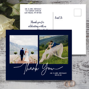 Navy Blue Lässig Script Foto Hochzeit Vielen Dank Postkarte