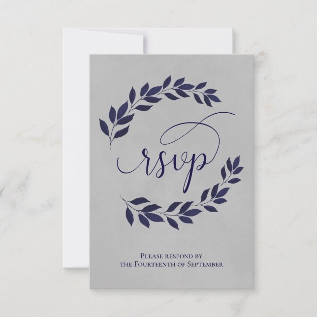 Navy Blue Laurel Verlasse auf der Hochzeit des Gra RSVP Karte (Vorderseite)