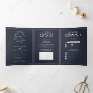 Navy Blue Leafy Crest Monogram Wedding Dreifach Gefaltete Einladung