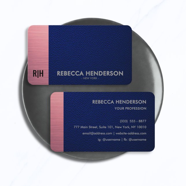 Navy-Blue-Leder & Metallic-Pink-Panel-Monogramm Visitenkarte (Von Creator hochgeladen)