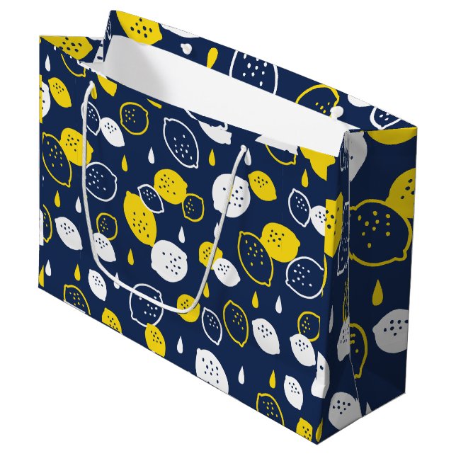 Navy Blue Lemon Art - Erfrischendes Citrus Design Große Geschenktüte (Vorderseite Schrägansicht)