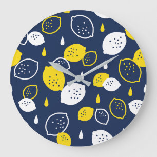 Navy Blue Lemon Art - Erfrischendes Citrus Design Große Wanduhr