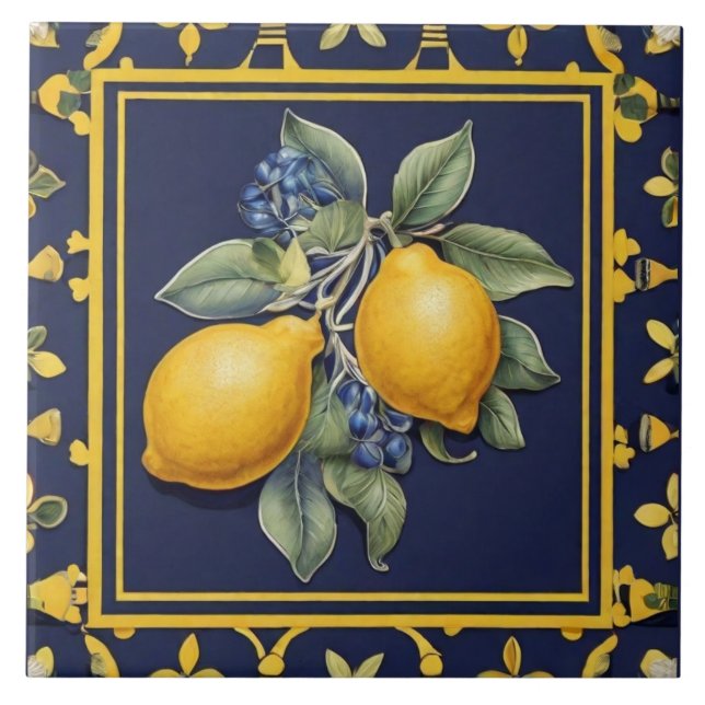 Navy Blue Lemons & Black Olives Mediterranean Fliese (Vorderseite)