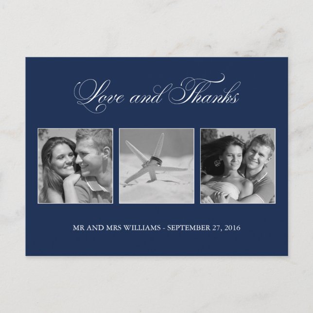 Navy Blue Liebe und Dank Hochzeit 3-Foto-Vorlage Postkarte (Vorderseite)