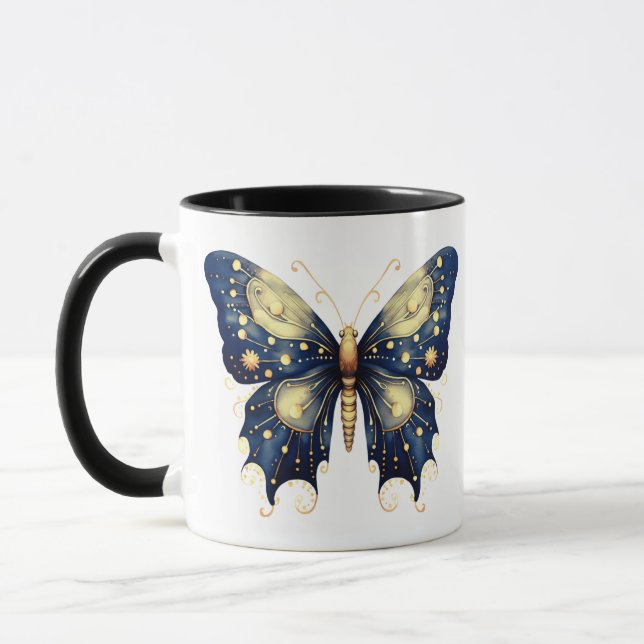 Navy Blue Light Green Gold Butterfly Halloween Tasse (Links)