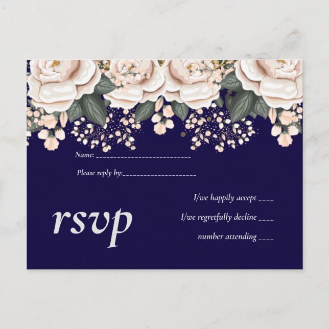 Navy Blue Light Pink Floral Wedding Budget Einladungspostkarte (Vorderseite)