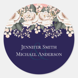 Navy Blue Light Pink Floral Wedding Budget Runder Aufkleber