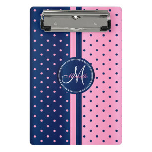 Navy Blue & Light Pink Polka Punkte - Monogramm Mini Klemmbrett