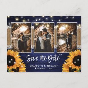 Navy Blue Lights Sonnenblumen 3 Foto Save the Date Ankündigungspostkarte