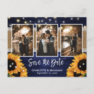 Navy Blue Lights Sonnenblumen 3 Foto Save the Date Ankündigungspostkarte