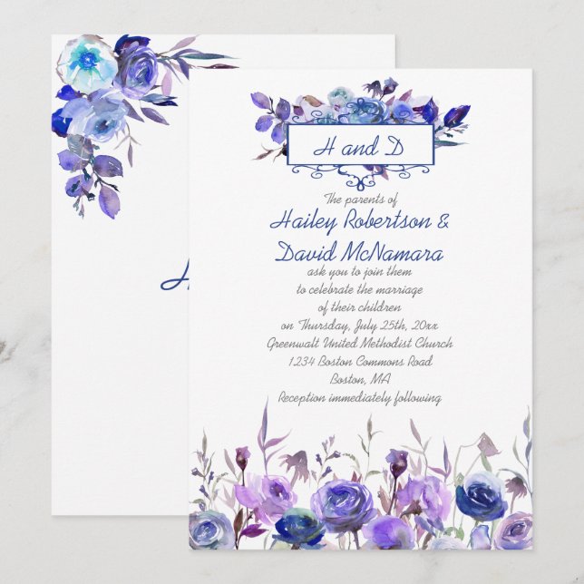 Navy Blue Lila Lavender Rose Hochzeitsaufenthalte Einladung (Vorne/Hinten)
