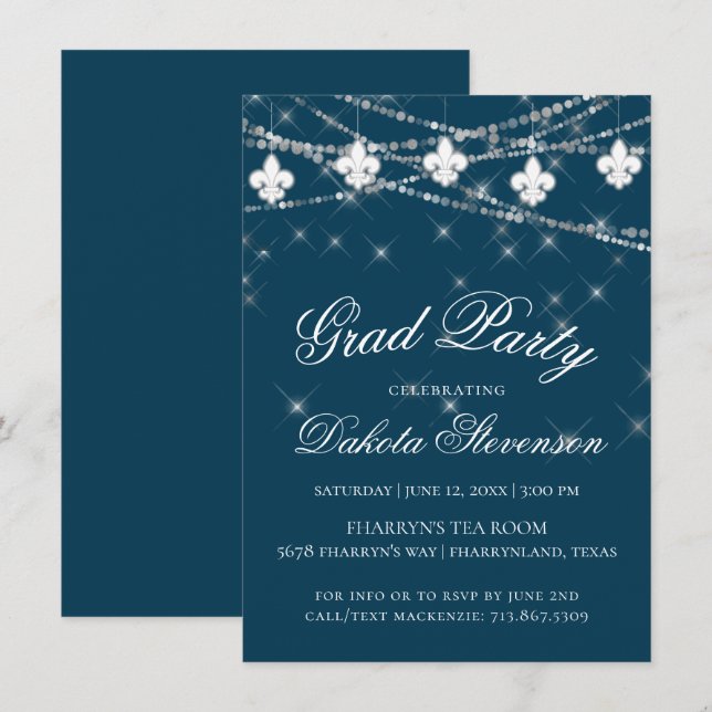 Navy Blue Lilie Fairy Light | ABSCHLUSS Einladung (Vorne/Hinten)