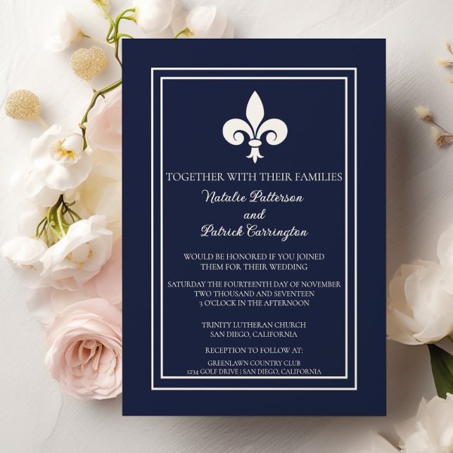 Navy Blue Lilie Hochzeitseinladung Einladung (Navy Blue Fleur de Lis Wedding Invitation)