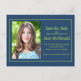 Navy Blue Lime Green Abschluss Save the Date Ankündigungspostkarte