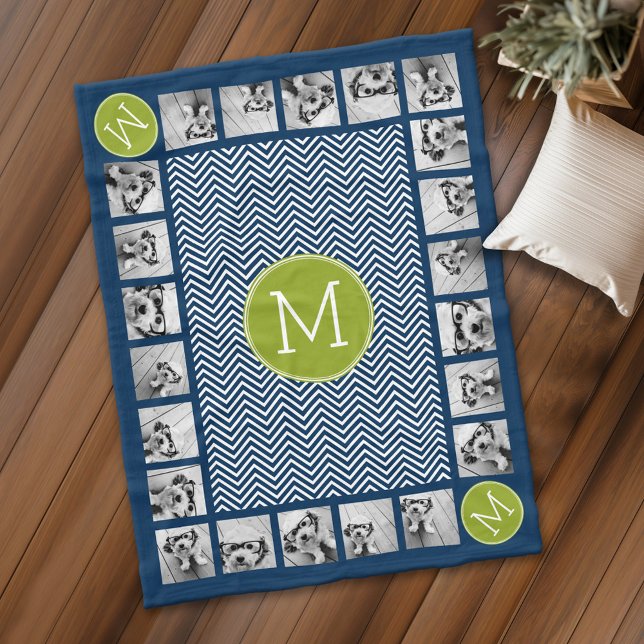 Navy Blue Lime Green Chevrons Custom Monogram Fleecedecke (Personalized fleece blanket with photos and a monogram)
