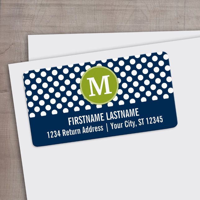 Navy Blue & Lime Green Polka Dots Custom Monogram Adressaufkleber (Custom Address Label)