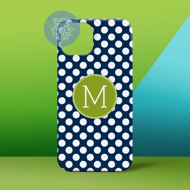 Navy Blue & Lime Green Polka Dots Custom Monogram Case-Mate iPhone Hülle (Personalized Phone Case)
