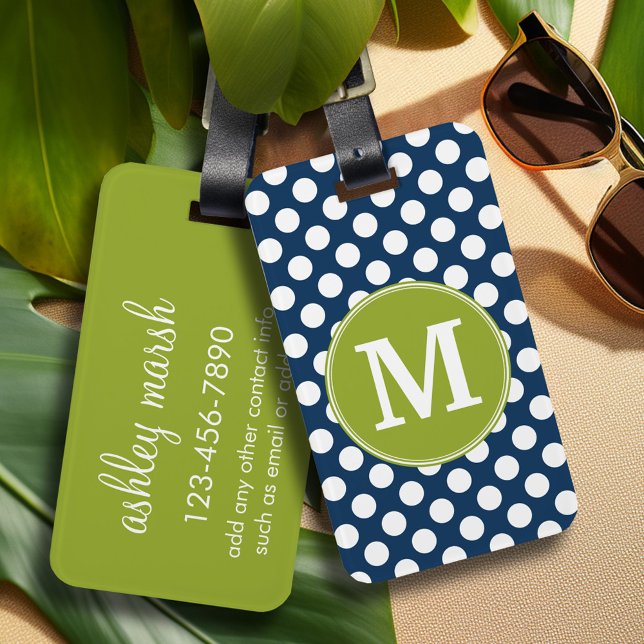Navy Blue & Lime Green Polka Dots Custom Monogram Gepäckanhänger (Personalized luggage tag - vibrant colors and custom text)