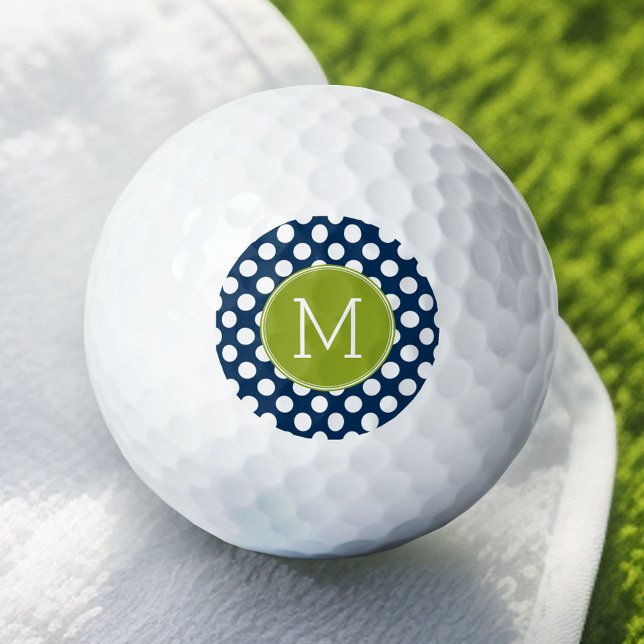 Navy Blue & Lime Green Polka Dots Custom Monogram Golfball (Custom Golf Balls)