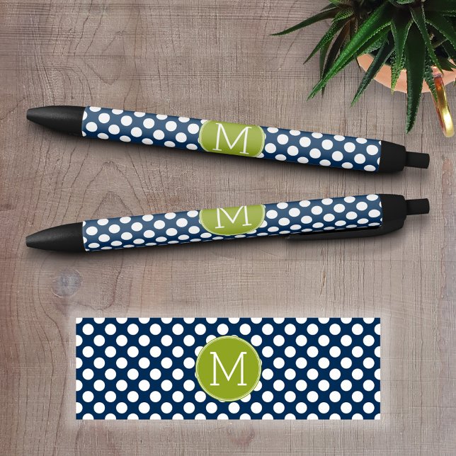 Navy Blue & Lime Green Polka Dots Custom Monogram Kugelschreiber (Personalized writing pen - Add a Photo and Text)