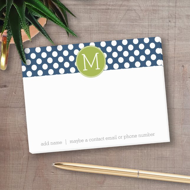 Navy Blue & Lime Green Polka Dots Custom Monogram Post-it Klebezettel (Personalized post-it notes with an area to add your name or other text)