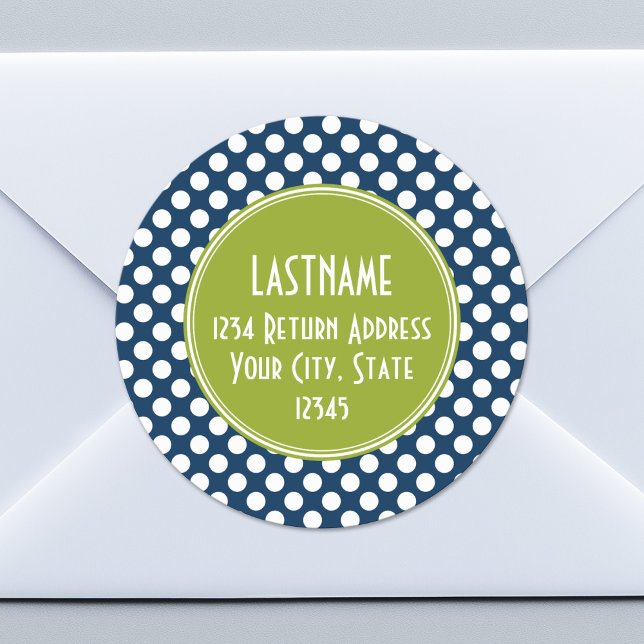Navy Blue & Lime Green Polka Dots Custom Monogram Runder Aufkleber (Custom Sticker for Party Favors or Envelopes)