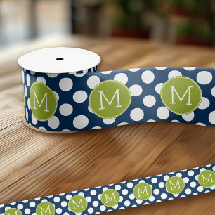 Navy Blue & Lime Green Polka Dots Custom Monogram Satinband