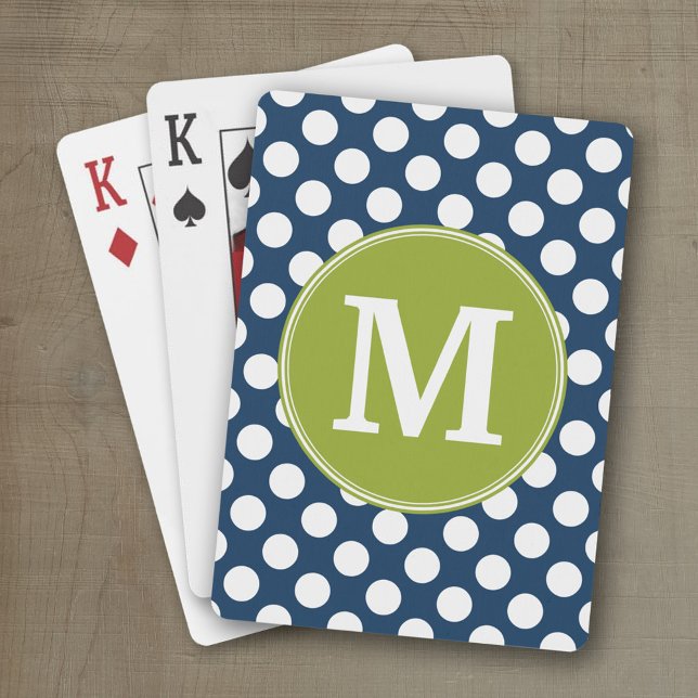 Navy Blue & Lime Green Polka Dots Custom Monogram Spielkarten (Personalized playing cards)