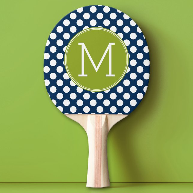 Navy Blue & Lime Green Polka Dots Custom Monogram Tischtennis Schläger (Custom Pin Pong Paddle with Photo Collage)