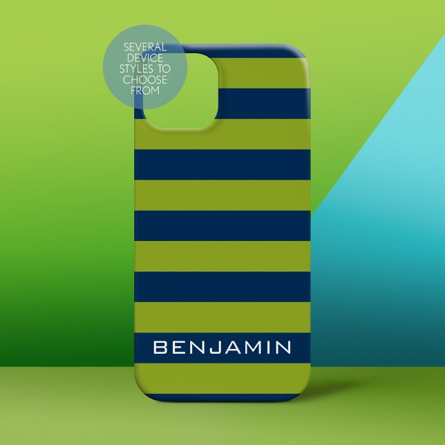 Navy Blue Lime Green Rugby Stripes Individuelle Na Case-Mate iPhone Hülle (Personalized Phone Case)