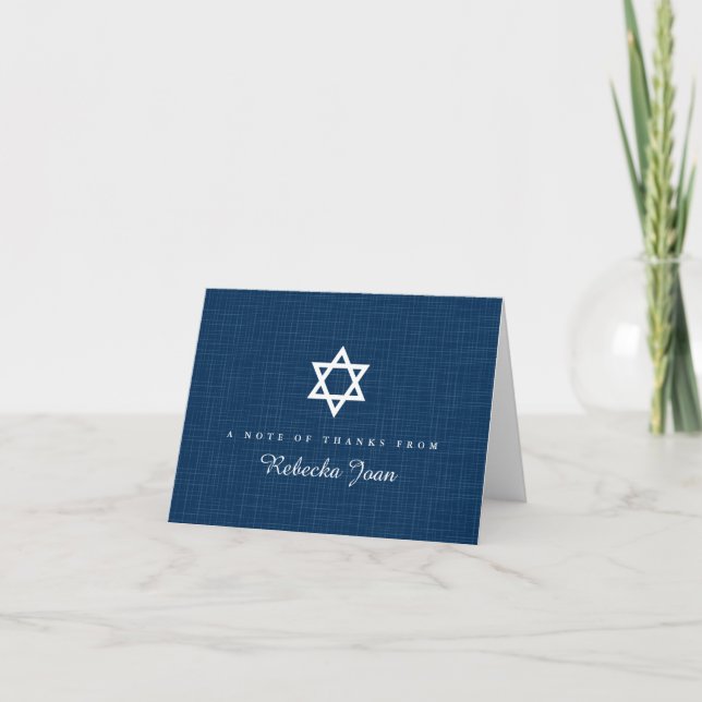 Navy Blue Linen Muster Star von David Bat Mitzvah Dankeskarte (Vorderseite)