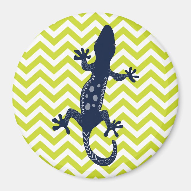 Navy Blue Lizard auf Green Zickzack Stripe Muster Magnet (Vorne)