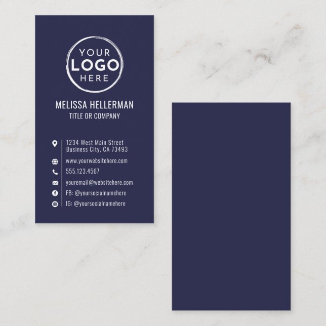 Navy Blue Logo Minimal Modern Vertical Visitenkarte (Vorne/Hinten)