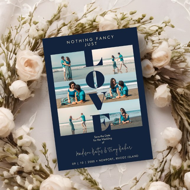 Navy Blue Love Quote Simple Elegant  6 Multi Photo Save The Date (Navy Blue Love Quote Simple Elegant Modern 6 Multi Photos Wedding Save the Date with Envelope.)