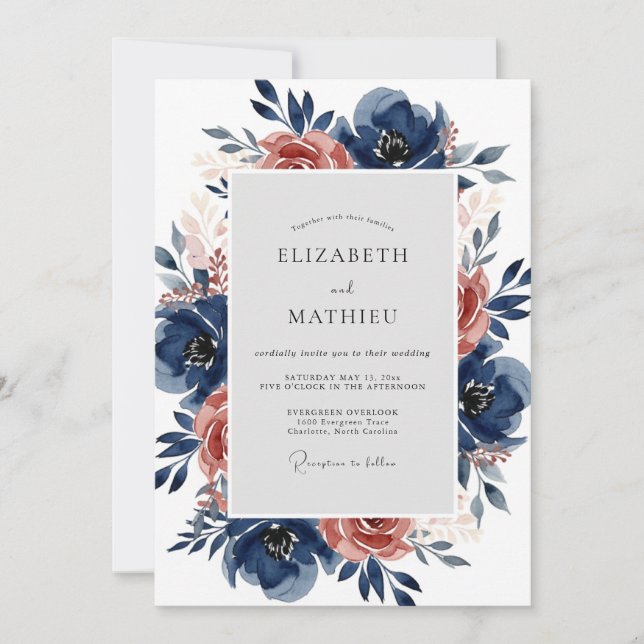 Navy Blue Lush Autumnal Wedding Einladung (Vorderseite)